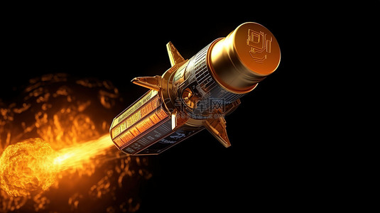 科技银行背景图片_比特币在通往星星的轨道上 3d 加密火箭插图