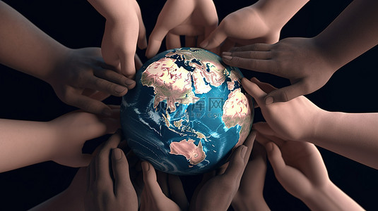 手部护理卡通背景图片_全球团结 3d 渲染不同的手联合起来拯救世界