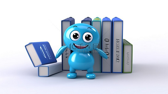 由可充电电池供电的白色背景蓝书人物吉祥物的 3D 渲染