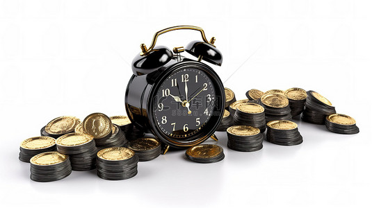 老式黑色闹钟和一堆美元硬币隔离在白色背景上，强调 3D 渲染中时间概念的价值
