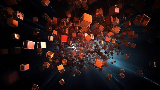 科技感封面背景图片_飞行中的立方体抽象 3D 渲染