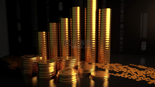 数据图表条形图背景图片_金融概念艺术 3d 条形图与成捆的现金和硬币
