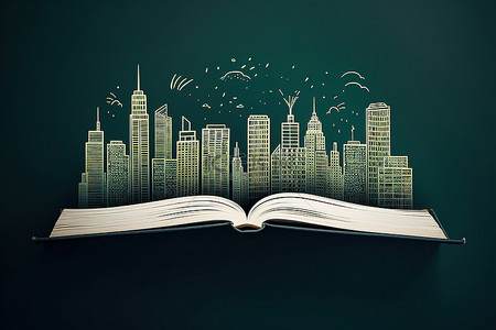 一本书和一座摩天大楼城市的图画