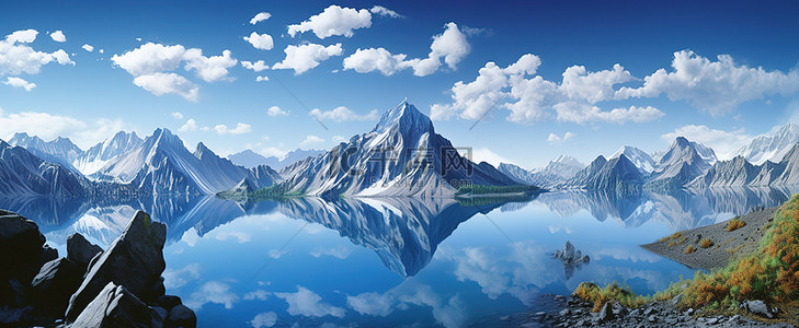 山和湖倒映在蓝天上