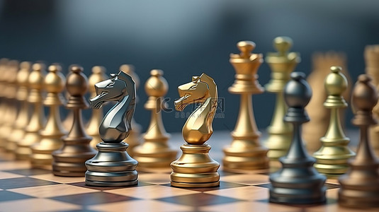 富丽堂皇的国际象棋国王高耸于一系列 3D 棋子之上
