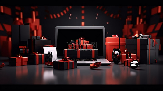 黑色星期五超级销售的 3D 渲染，配有电脑和圣诞礼品盒，新年快乐促销