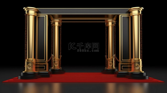 边境界碑背景图片_雄伟的入口，配有金色框架门黑色和金色的柱子和红地毯 3d 渲染