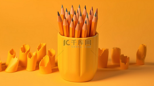学校创意背景图片_回到学校最小概念，以黄色背景上的 3D 铅笔为特色