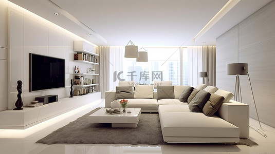 智能生活家居背景图片_时尚的白色客厅配有智能电视存储空间宽敞的角沙发和优雅的咖啡桌 3D 渲染