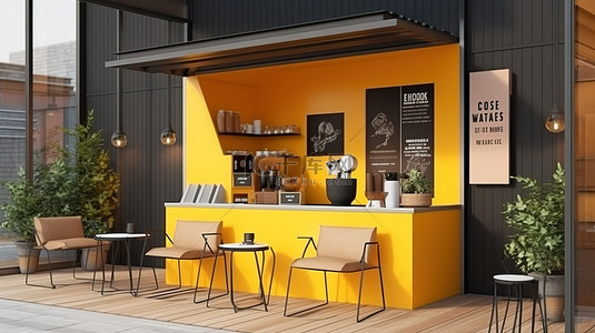 带样机横幅和菜单的户外咖啡店建筑设计的 3D 插图