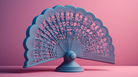 双色调风格 3D 渲染蓝色木手扇在粉红色背景上