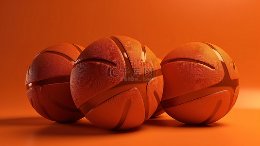 橙色背景下的三个 3d 篮球