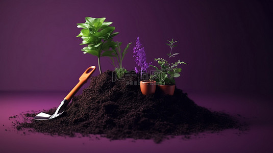 紫色背景上的园艺工具渲染在土壤上种植小树苗的 3D 图像