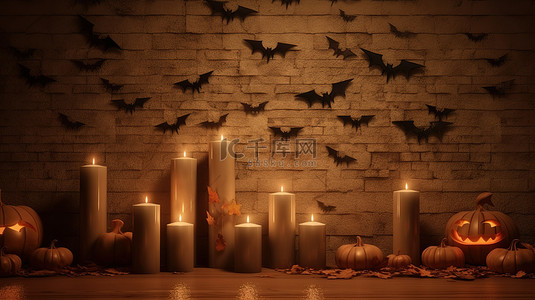 恐怖蜡烛背景图片_怪异的 3D 万圣节背景与蜡烛蝙蝠和铭文