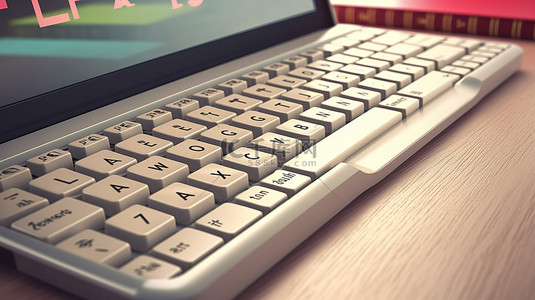 键盘电脑背景图片_白色键盘上电子学习垫的 3D 渲染描绘在线教育概念