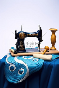 一台缝纫机和一个蓝色布料的娃娃
