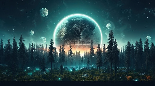 复古赛博朋克背景图片_3D 渲染宇宙中的奇幻赛博朋克森林景观与星云
