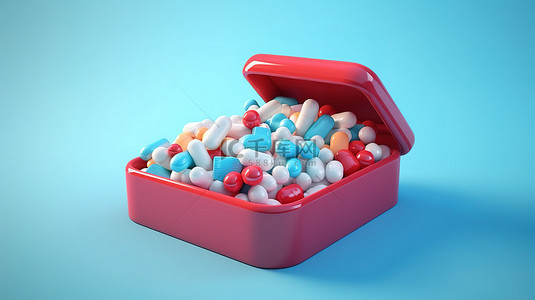 药药丸背景图片_空白盒内蓝色背景药丸泡罩包装的 3D 插图
