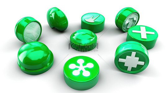 化学绿色背景图片_白色背景的 3D 插图，带有 9 个绿色和白色的药房图标