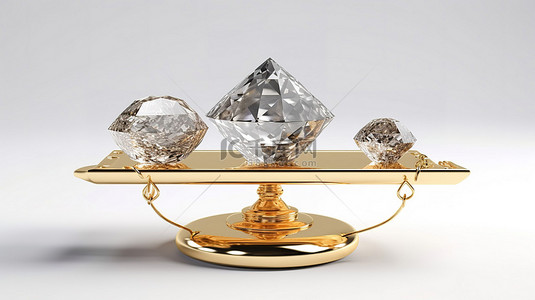 平衡大型钻石与白色背景上的金色条的称重秤的 3D 渲染