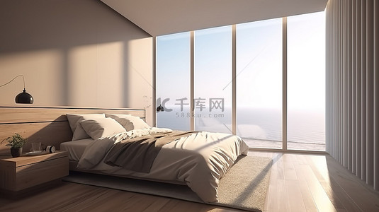 俯瞰大海的 3D 渲染卧室插图