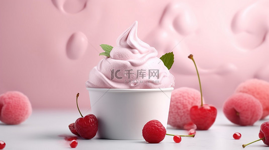 华星logo设计背景图片_夏季横幅，前视图纸杯模型，粉红色浆果冰淇淋和复制空间 3D 渲染