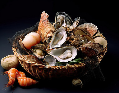 海鲜蛤蜊背景图片_篮子里的各种海鲜