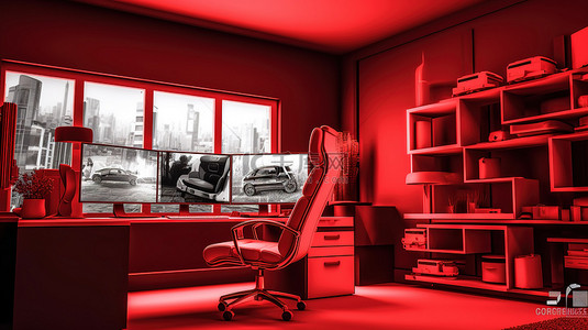 办公空间的单色红色 3D 图标，配有办公桌电脑和椅子，背景为鲜艳的红色