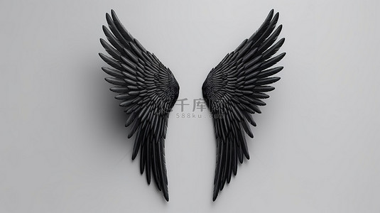 灰色羽毛背景图片_灰色背景下孤立的黑色翅膀的令人惊叹的 3D 插图