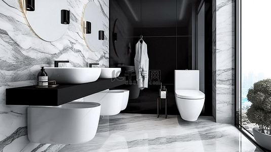 黑墙白瓦背景图片_时尚的现代浴室配有大理石印花瓷砖白色厕所和黑色口音 3D 渲染