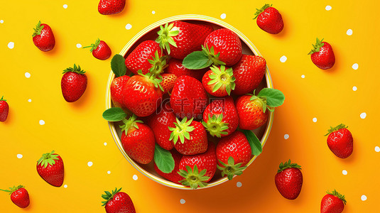 充满活力的黄色背景上的草莓拼贴艺术作品的 3D 插图
