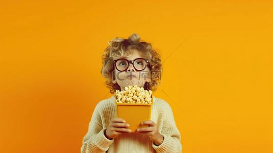3d眼镜男孩背景图片_戴着 3D 眼镜和爆米花靠在黄墙上的快乐孩子