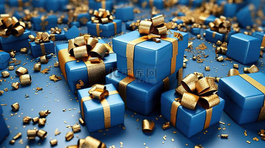 3D 渲染中的金色五彩纸屑和蓝色礼物背景