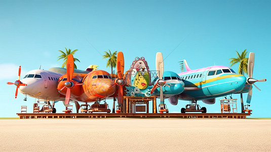 卡通飞机背景图片_3D 渲染的卡通飞机广告海滩酒吧横幅