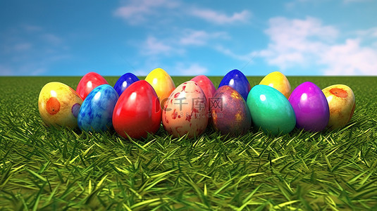 复活节彩蛋和花朵背景图片_色彩鲜艳的复活节彩蛋坐落在 3D 渲染的郁郁葱葱的草地上