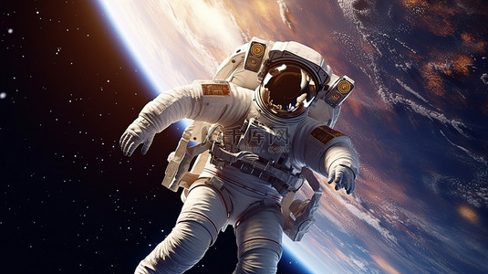 宇航员在太空背景图片_宇航员在外太空悠闲漫步 3D 渲染