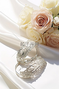 桌上放着玫瑰花束和银色结婚袖口，还有手帕