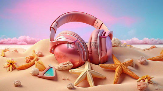 充满活力的夏季必需品耳机太阳镜海星壳充气球和人字拖粉红色海滩主题 3D 渲染