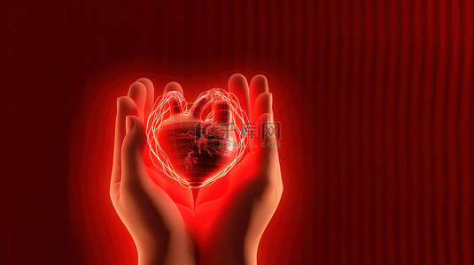 深红色背景上的红色心跳图 3D 渲染的医疗设计