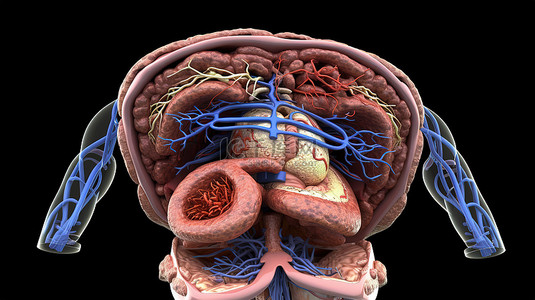 食管溃疡背景图片_具有剪切路径的男性消化系统的解剖图 3D 视图