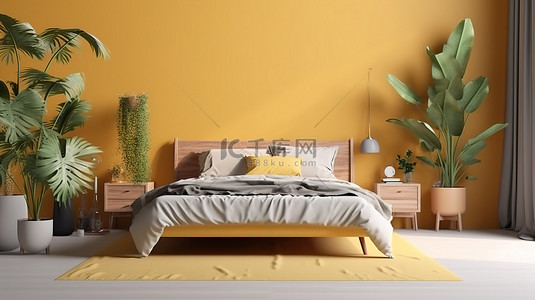 3D 渲染用木床黄色床单和卧室内部郁郁葱葱的植物培养宁静
