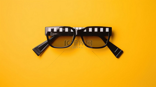 代表电影制作和娱乐行业的黄色背景的电影院拍板和 3D 眼镜的顶视图