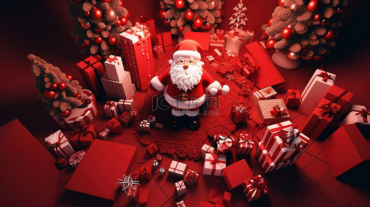 松装饰背景图片_喜庆的 3d 圣诞老人在礼品盒和节日装饰的背景下装饰着一棵令人惊叹的红色圣诞树