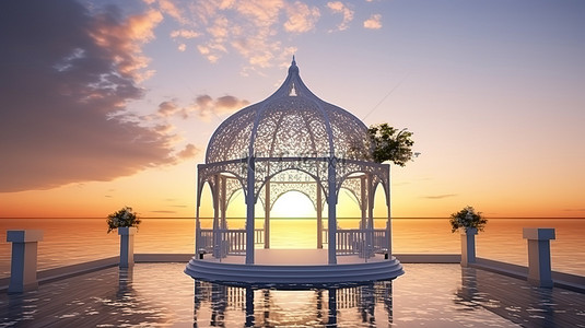 婚礼海洋背景图片_在 3D 渲染中具有令人惊叹的日落大海背景的婚礼亭