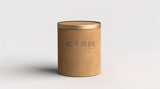 白色背景上带纸管锡罐的孤立棕色牛皮纸盒的 3D 渲染