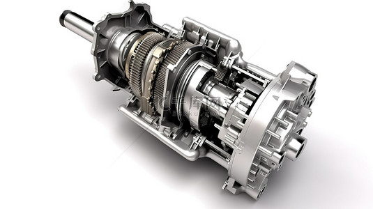 在白色背景下隔离的汽车发动机变速箱组件的 3d 渲染