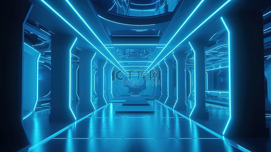 蓝色霓虹灯照亮 3D 渲染的未来派房间内部，完美满足您的设计需求