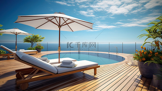 日光繁茂背景图片_泳池露台的 3D 渲染，俯瞰大海，配有木地板藤条日光浴床和织物遮阳伞
