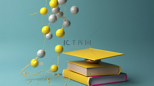 3D 渲染蓝色背景，带有浮动毕业帽简约黄色球和书籍