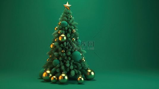 绿色背景下圣诞树的节日 3D 渲染